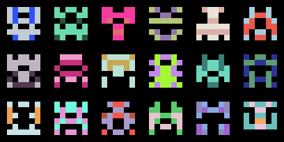 a 6x3 grid of multicolored 6x6 pixel aliens a la space invaders