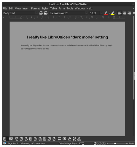 Screenshot of a LibreOffice Writer document, showing dark toolbars with light icons, and a document with a pale grey background (darker than white) and black text.