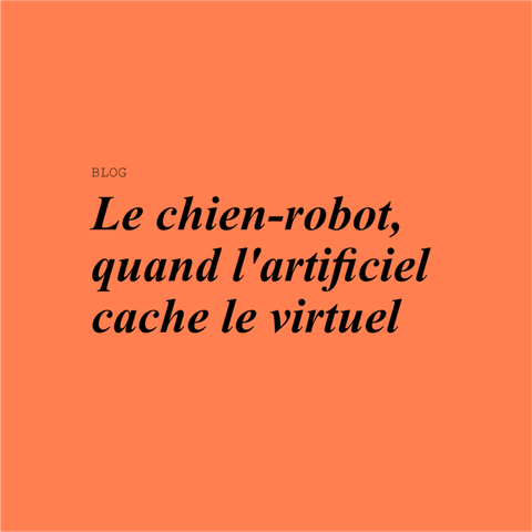 orange picture with a blog's article title: Le chien-robot, quand l'artificiel cache le virtuel