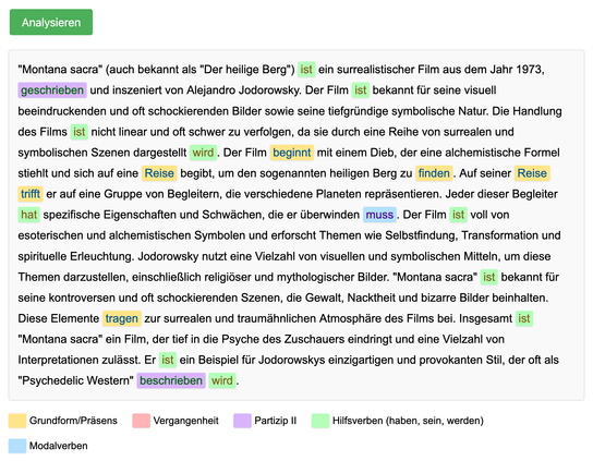 Verben in verschiedenen Flektionsformen werden hervorgehoben und nach Vorkommen in einer zweiten HTML zur Vermeidung von Wiederholungen gelistet.