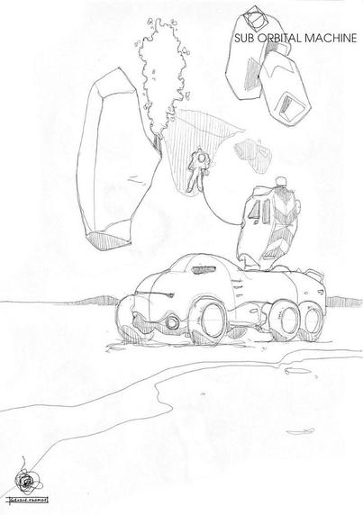 Scifi ballpoint sketch of Sub Orbital Machines scene