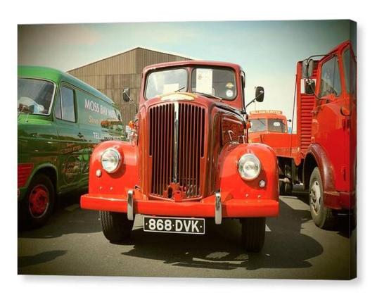 Close up colour photograph of a 1950's British truck.  The image is shown printed upon a box canvas.