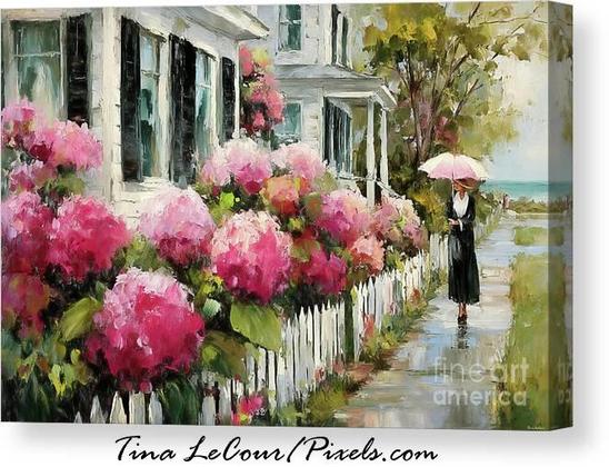 This is an impressionism of a woman walking in the rain with an umbrella near the sea coast with some old colonial houses with big pink hydrangea flowers.