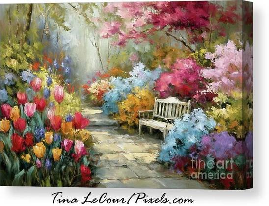 This is landscape of a pretty flower garden full of colorful spring flowers and a wooden bench that sits along a stone path in the garden.