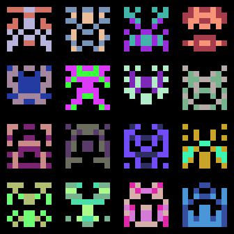 a 4x4 grid of multicolored 8x8 pixel aliens a la space invaders
