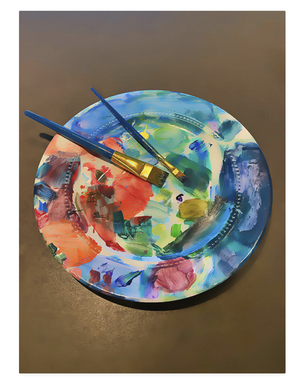 After the day's work is done, what remains is often as beautiful as what was painted onto the canvas. An art palette can be anything smooth that allows for the thinning and blending of colors. In this case, a dinner plate with beaded detail that allows for easy mixing and wiping of excess paint from the brush serves as a palette.  

This artistic image, featuring rich blue, red, green, yellow, and pink hues, captures the essence of creative expression.