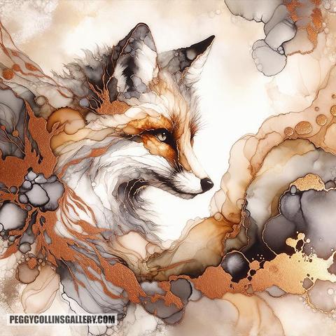 Artwork of a red fox with an alcohol ink effect, by artist Peggy Collins.