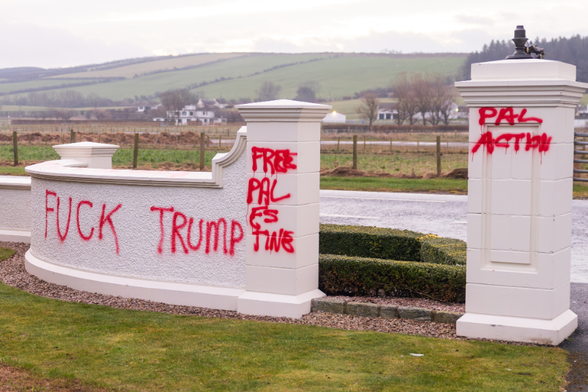 Members of Palestine Action dug up the green at Trump Turnberry early on Saturday morning and spray painted the words 'Gaza is not for sale' across the lawn of the South Ayrshire course