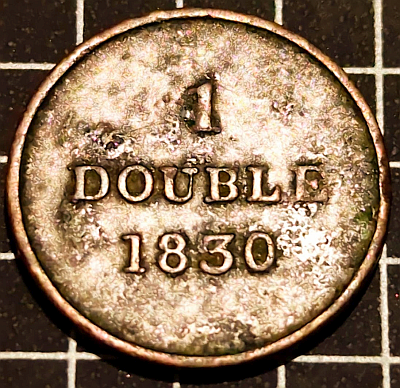 Round coin with text in three lines:
1
DOUBLE
1830