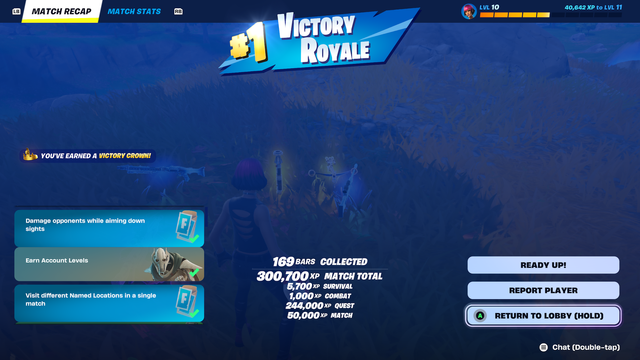 A Fortnite match recap screen showing a "Victory Royale" with the player having earned a Victory Crown. The screen displays completed quests including "Damage opponents while aiming down sights,"