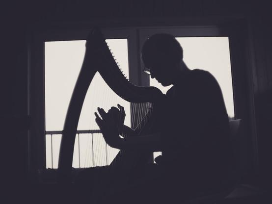 Silhouette of a person playing the harp.
