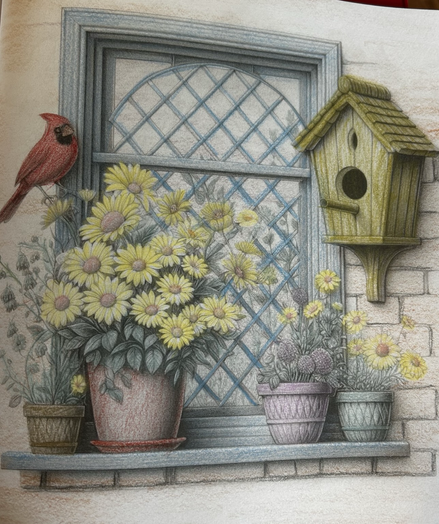 A cardinal near a birdhouse and some yellow flowers