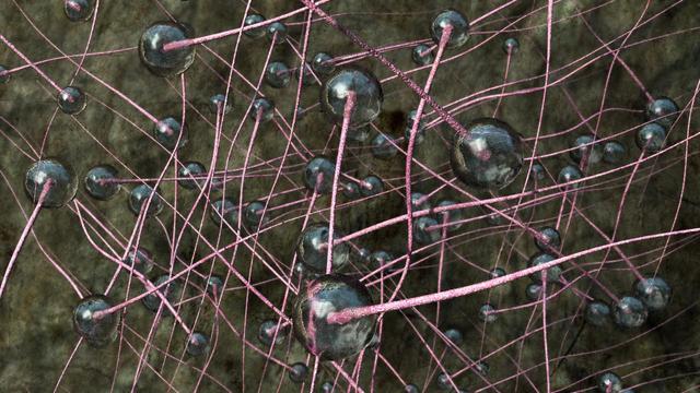 POV-Ray render of transparent gelly or watery spheres as heads of reddish pins configured in a crystal like structure but with a wavy curved deformation of the pins... could be inherent or a viewpoint deformation, as if looking through wavy water. The whole above a muddy greenish organic background.
