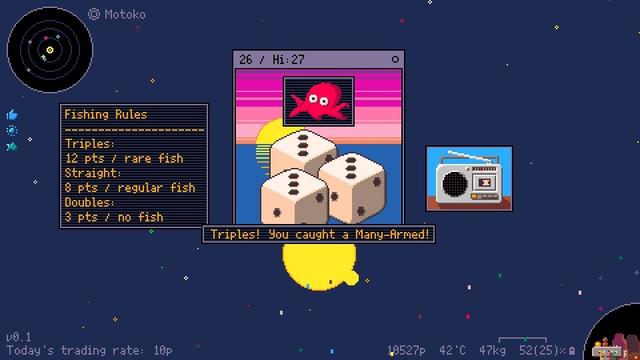 A retro-style digital interface with a cosmic background displays fishing game rules. It features dice showing three of a kind, an octopus image, and a message indicating a successful catch of a "Many-Armed" fish.