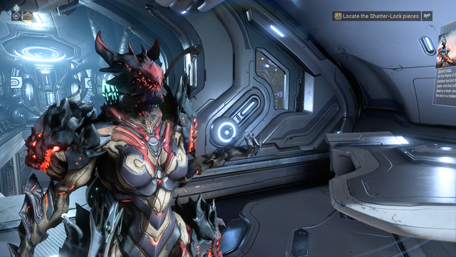 a screenshot from Warframe of Voruna, a suit of armor looking like a techno-Gothic werewolf.