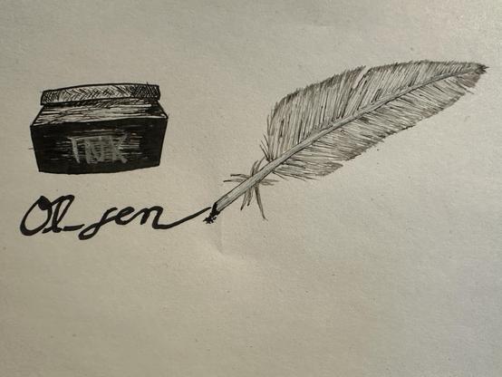 Fineliner Zeichnung
Man sieht ein Tintenfass. Darunter den Schriftzug „ol_sen“. Der Federkiel zeigt nach unten und ist am Ende des Schriftzugs. Der Federteil zeigt nach rechts oben.