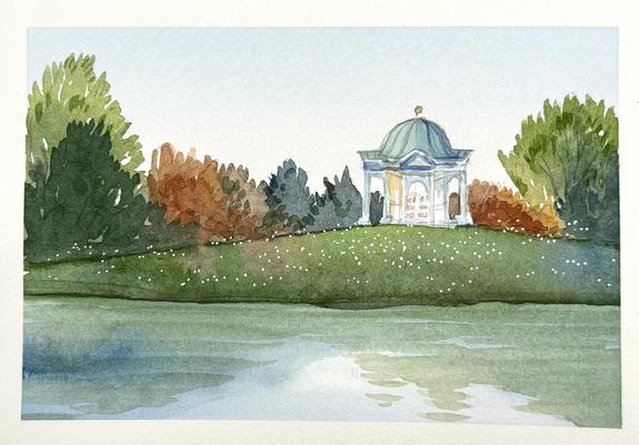 Watercolor sketch of a baroque pavillion nestled with a lake in the foreground.