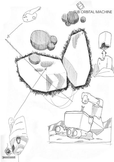 Scifi ballpoint sketch of Sub Orbital Machines artifacts