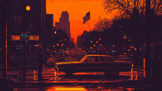 Boulevard des dernières lueurs.
Voiture rétro sur une avenue urbaine au crépuscule, silhouette solitaire et drapeau américain flottant sous un ciel rouge incandescent.
Retro car on a city avenue at dusk, lone silhouette and American flag waving under a glowing red sky.