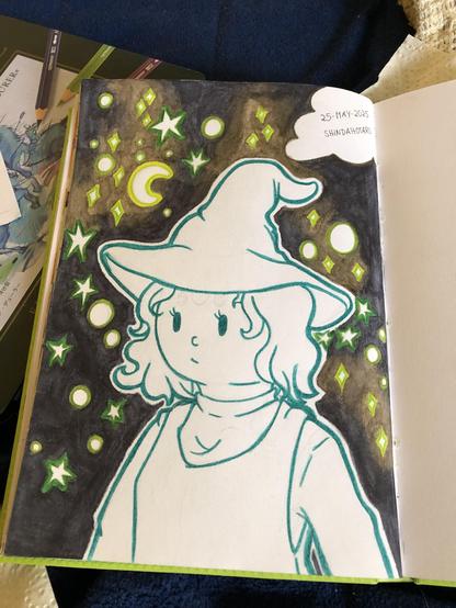 This is a page from a sketch book and it shows the outlines of a person with a witch hat. The outline‘s colour is a deep green. The person has swirly hair and looks off canvas. The style is more children‘s book style. The background colour is dark grey to brownish brighter grey. There are green outlined stars in various shapes and sizes and a yellow moon. In the top right corner is a white cloud with the artist‘s initials and date of creation: „25 May 2025 ShindaHotaru“