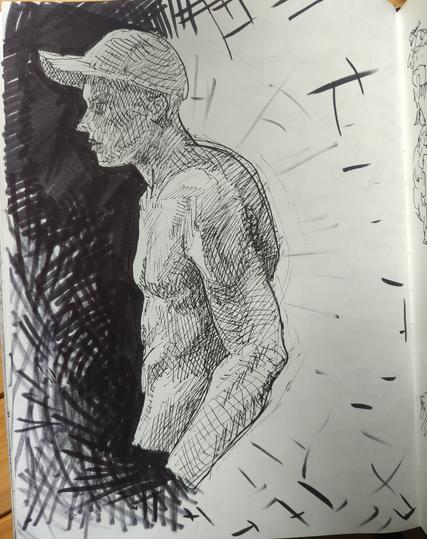 Sketch of the upper body of a person with a cap and shirtless, dark hatched background on the left, light background on the right