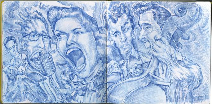 A blue pencil drawing of what looks like scream singing in Nashville in the 20th century.