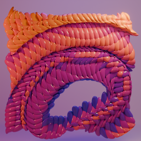 3D render of shiny surfaces arranged in a scale-like formation. Abstract art. Pinks purples oranges. High Gloss. Plastic like.