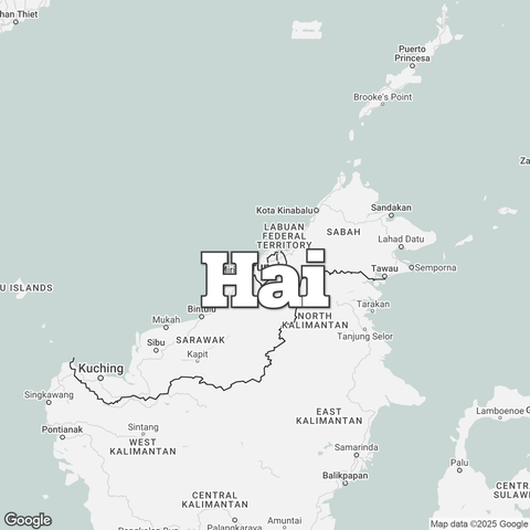 Map of Brunei Darussalam overlaid with a translation of the word "hello": Hai.