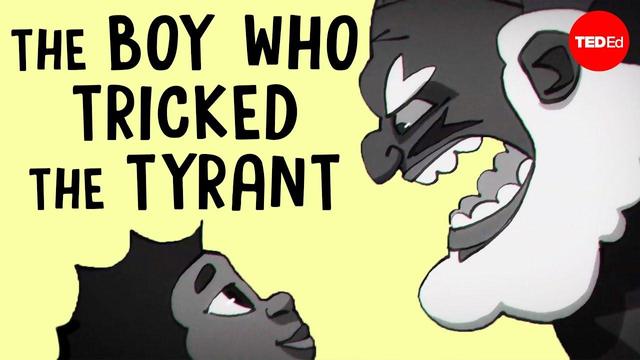 the thumbnail of the video, showing a young boy smirking at a chief who is yelling at him in frustration; the words THE BOY WHO TRICKED THE TYRANT are above the boy's head