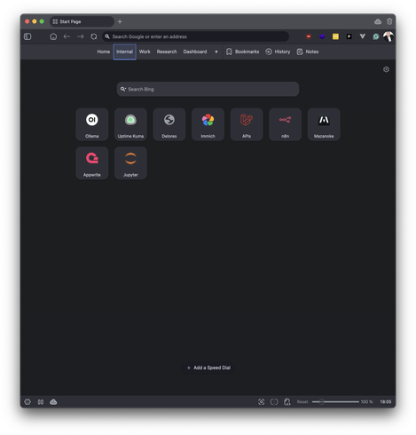 A screenshot of "Internal" bookmarks in Vivaldi
