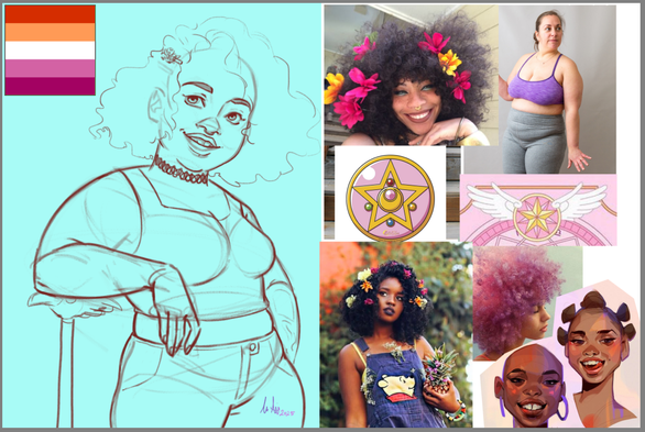 On the left: A digital drawing work in progress of a plus-size Black woman leaning confidently on a cane that looks like the Sealing Wand from Cardcaptor Sakura. She's wearing a cropped tank top and jeans. Her hair is coiled, in a loose, cloudy style, with a sakura flower hairclip above her ear. The background is a plain light blue.

On the right: a set of reference pictures showing hairstyles, poses, and the Lesbian pride flag. There are also a couple of designs from Sailor Moon and Cardcaptor Sakura for tattoo reference.