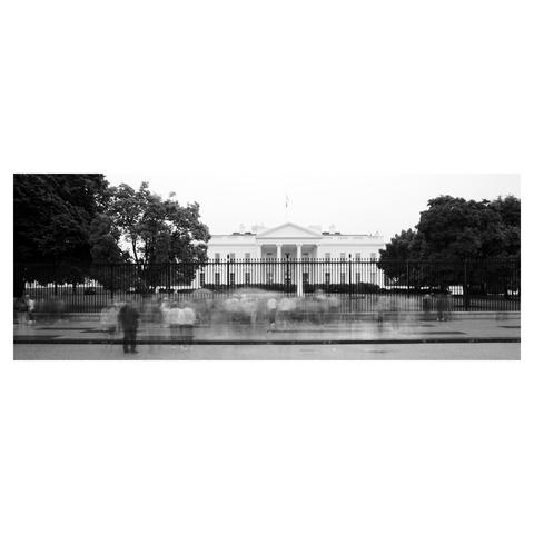 View of the north facade of the White House with blurred people due to slow shutter speed, in the style of A. Titarenko.