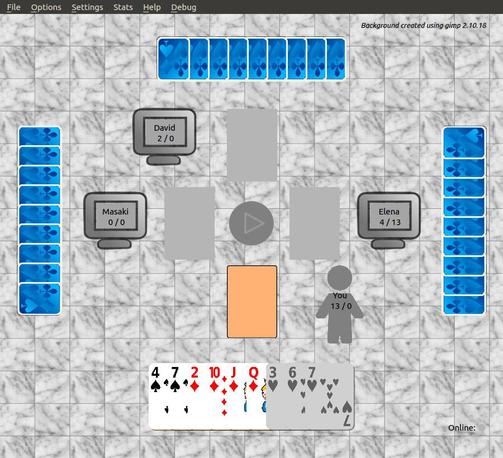 🕶️ A view of its UI (with the “marble” game board theme) in an online game. The player's cards are visible, of course, while those of the other 3 (David, Masaki and Elena) are hidden (card backs visible). Menus (File, Options, Settings, Stats, Help, Debug) are at top left.

📚️ Hearts is a libre, single/multiplayer (online) implementation of the eponymous game (of which Black Lady / Dame de pique is a variant), a trick-taking game in which the objective is to total as few points as possible. The interface offers 5 decks (Standard, Nicu (white), English, Russian, Tigullio (modern)), 6 variants (Queen of spade breaks heart, Omnibus, No Tricks, New Moon, Perfect 100, No Draw), 3 languages (English, French, Russian), 12 themes, sounds, online help. Offline support includes undo, animated play, 3 game speeds + 1 custom, automatic save/load, cheat mode, game statistics, card history.