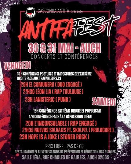 Affiche de l'antifa fest 32 qui aura lui dans le gers le 30 & 31 mai 2025