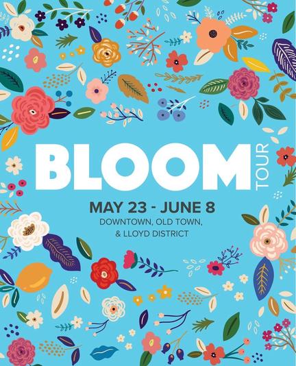 Event graphic flyer with cascade of illustrated pink flowers, leaves and lemons on baby blue background with Bloom Tour in big white  text centered with smaller dark green date text below