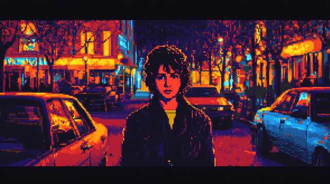 Mémoire des lumières urbaines.
Portrait pixelisé d'une jeune femme dans une rue nocturne, entre voitures rétro et vitrines éclairées, baignée dans une ambiance néo-noire saturée.
Pixelated portrait of a young woman in a nighttime street, between retro cars and glowing storefronts, bathed in a saturated neo-noir atmosphere.