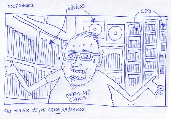 Dibujo de un youtuber hablando de cassettes delante de una enorme colección de vinilos y cds (pero ninguna cassette).