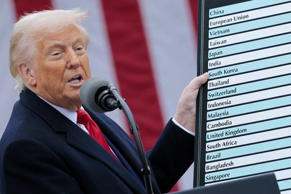 Donald Trump holds up his chart of made-up tariff numbers in the Rose Garden of the White House, Washington, D.C., April 2, 2025 (Chip Somodevilla/Getty)