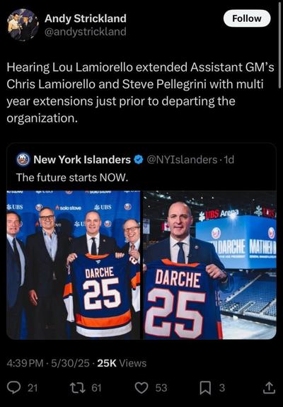 Hearing Lou Lamiorello extended Assistant GM’s Chris Lamiorello and Steve Pellegrini with multi year extensions just prior to departing the organization.