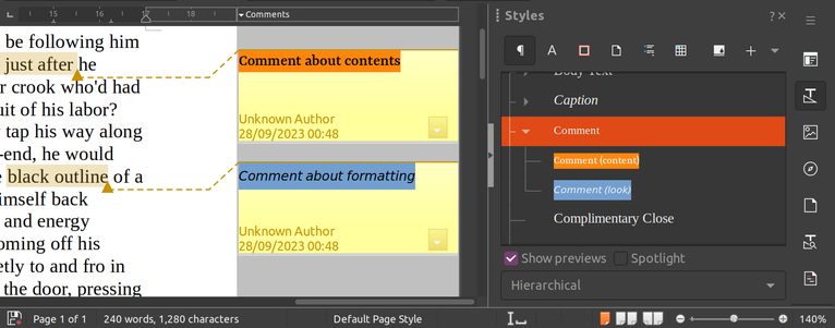 Screenshot of styles support in LibreOffice comments
