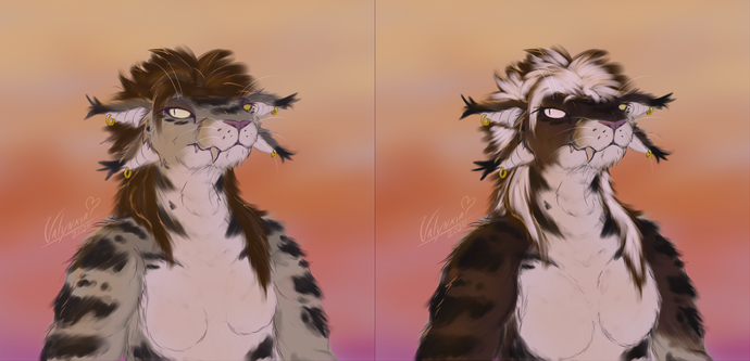 Two busts of Valynxia in both their feline form, one is with beige fur and the other dark brown