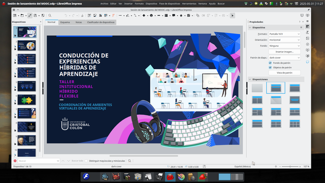 Captura de pantalla de mi escritorio KDE Plasma, con tema de iconos caricaturescos (como en las descripciones del mensaje que da inicio a este hilo).

Aquí se ve una ventana de LibreOffice Impress y su icono en el gestor de tareas es un ViewMaster, semejante a unos lentes de realidad virtual pero en color rojo y con un disco de diapositivas cuya mitad sobresale por la parte superior del juguete