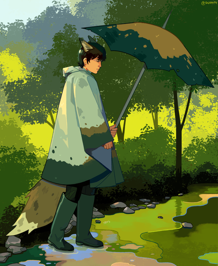 Digital art of Sunshower Yi Sang walking through a forest clearing.