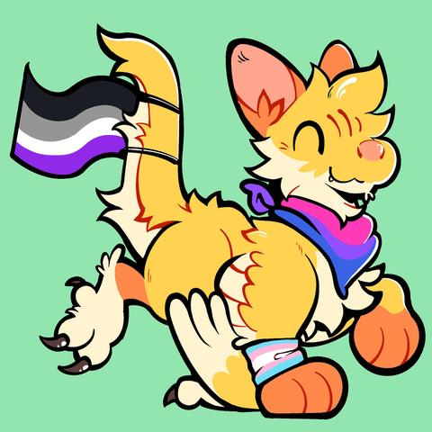 me, a cute little yellow dragon, with accessories in the colors of pride flags: asexual, bisexual and trans.