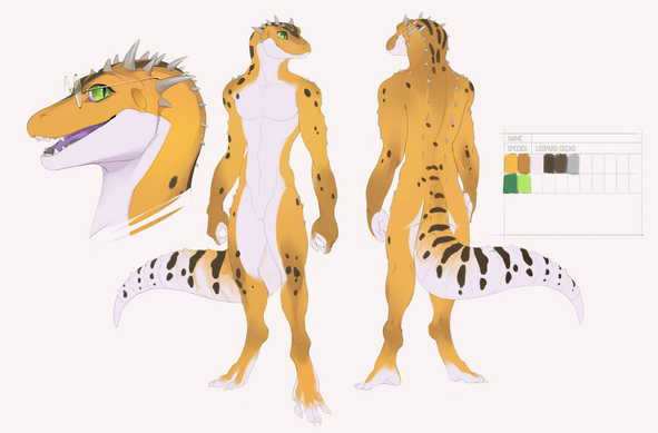 This is a character sheet of a yellow, bipedal, humanoid leopard gecko with dark brown spots and a cream-colored belly. Small, spike lines on top of his head and back, adding a textured ridge. The gecko has a long, patterned tail similar to a leopard's, and he wears thin, round glasses.