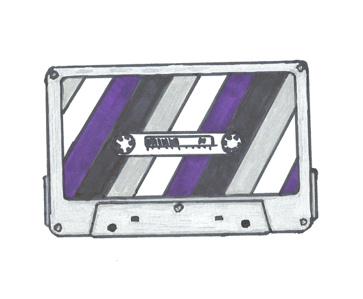 A hand drawn cassette tape that is very accurate to a real one. The label has slanted stripes with the ace pride colors, (black, white, gray, purple), and the body of the cassette is gray. The gray is actually a silver marker that gives it a neat shine to it.