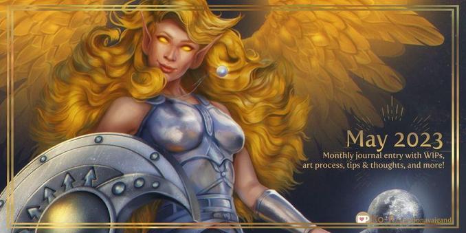 The May 2023 blog header. It features a cropped close-up of a beautiful elven lady in silver armour, with flowing golden hair and angel wings.