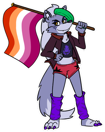 Roxanne Wolf from FNAF Security Breach posing with a lesbian pride flag.
