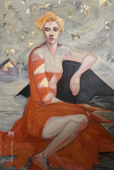 A woman with a yellow blonde bob haircut lounges in what looks like a long orange red dress, with triangle shapes emphasizing bust cup, sleeve folds. One arm is resting on what looks like a rock, but it’s the roof of a house. Water is at her feet & surrounding her. A couple of buildings in the back are also submerged, mainly their roofs seen. The sky is filled with collaged bits of painted rice paper in shapes from the Flying Geese quilt pattern.