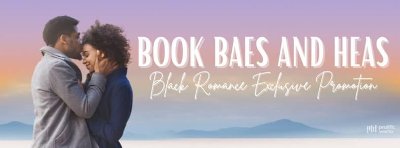 Banner for the Book Baes and HEAs, Black romance exclusive promotion site linked in my post, showing a Black couple against a beach at dusk (or dawn?); he is holding her face gently between his hands and leaning forward to kiss her forehead; she has her hands on his chest, one of them just visible where it holds his coat front.